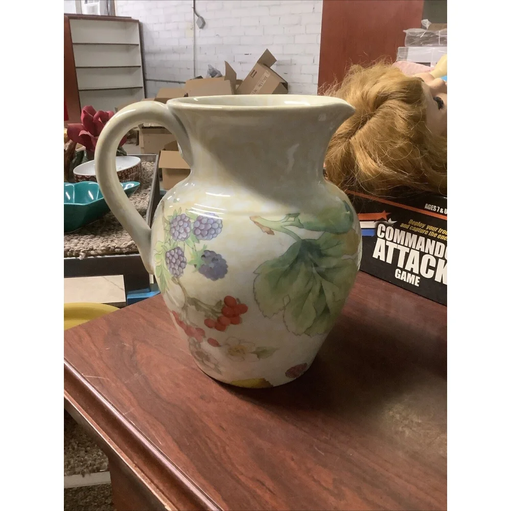 La Primula SRL Pitcher and Plate Beige w/Berries Art Pottery Made in Italy